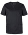 A black unisex scrub top featuring a V-neck, short sleeves, and multiple pockets. It has a branding logo.