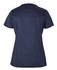 A navy blue ladies scrub top with a short sleeve and a simple, clean design. It features a logo.