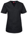 A black ladies' scrub top with short sleeves, v-neckline, and two front pockets. It features a logo.