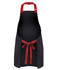A black apron with red straps, featuring a bib design and a waist tie. Includes a logo.