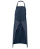 A navy blue striped apron with a waist tie and no pocket, featuring a branding logo.
