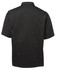 A black short-sleeve chef's jacket with a classic collar and a branded logo on the back.