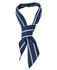 A navy blue scarf with white stripes, featuring a tied design and a logo.