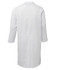 A white lab coat with a back view, featuring long sleeves and a simple design. It has a branding logo visible.
