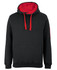 A black hoodie with a red inner lining and drawstrings, featuring a front pouch pocket and a logo.