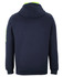 A dark navy hoodie with a bright green hood and one sleeve, featuring a logo on the sleeve.