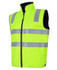 A high-visibility fluorescent yellow vest with reflective strips and a front zipper. It features a collar and pockets.