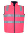 A bright pink vest with reflective stripes and a front zipper. Features a high neck and a branding logo.