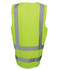 A bright lime work vest with reflective grey stripes and a simple design, featuring a logo on the back.