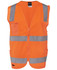 An orange safety vest with reflective silver stripes and a front pocket, featuring a zip closure and no sleeves.