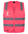 A bright pink safety vest with reflective grey stripes and a chest pocket, featuring a logo.