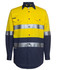A yellow and navy work shirt with reflective stripes and two chest pockets. Features a logo on the left side.