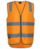 An orange zip safety vest with grey reflective stripes and a front pocket, featuring a logo.