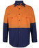A long-sleeve fishing shirt in orange and navy, featuring two chest pockets and a logo.