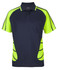 A navy blue and high-visibility lime green polo shirt with short sleeves and a pocket, featuring a logo.