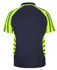 A polo shirt featuring a navy blue and bright lime green design, with a logo and dynamic striped pattern.