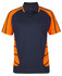 A navy blue polo shirt with orange accents and detailing, featuring a collar and a front pocket. It has a logo.