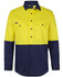 A long-sleeved work shirt in high visibility yellow with navy blue accents and a logo. Features two chest pockets.