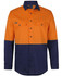 A work shirt featuring long sleeves, with a bright orange upper section and a navy blue lower section. It includes a logo.