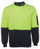 A high-vis fleece crew jumper in bright green and black, featuring a logo on the sleeve.