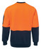 A work jumper featuring a bright orange upper section and a navy lower section, with a logo on the sleeve.