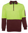 A high-visibility polar fleece in bright green and brown, featuring a zippered neck and a side pocket.