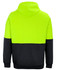 A bright hi-vis yellow and black hoodie with a hood, featuring a panelled design and a logo on the back.