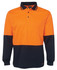 A long sleeve polo shirt featuring orange and navy panels, with a chest pocket and a logo.