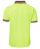 A bright yellow short-sleeve polo shirt featuring contrasting dark stripes on the collar and sleeves. It has a logo.