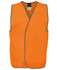 An orange safety vest with grey trim and a logo, designed for visibility and high safety standards.