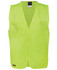 A bright yellow safety vest with a front zip and pockets, featuring a logo on the lower hem.