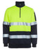 A bright yellow and navy 1/2 zip fleece jumper featuring reflective stripes and a logo.