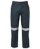 Work trousers in dark green with reflective tape stripes, featuring a front pocket and a logo.