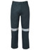 A pair of dark green work trousers featuring reflective tape on the legs and a logo on the fabric.