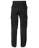 Black cargo pants featuring side pockets and a straight-leg fit, with a logo on the waistband.