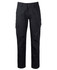 A pair of black cargo pants featuring multiple pockets and a logo.