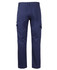 Navy cargo pants with multiple pockets and a brand logo, featuring a stretch canvas fabric.
