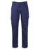A pair of navy cargo pants featuring multiple pockets and straight legs, with a logo visible on the waistband.
