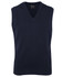 A navy blue knitted vest with a V-neck and sleeveless design, featuring a label inside.