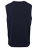 A dark navy knitted vest featuring a sleeveless design, with a subtle ribbed texture at the hem. It has a logo.