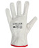 A grey glove with a red cuff and included branding, designed for heavy-duty use.