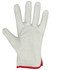 A grey leather glove with a red trim, featuring a palm and finger design, suitable for various tasks.