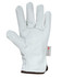 A pair of white leather gloves with a brown cuff, featuring a logo on the wrist area.