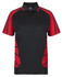 A black and red polo shirt with short sleeves and a logo on the collar. Features contrasting side panels.