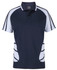 A navy polo shirt with white accents and a logo, featuring a classic collar and a relaxed fit.
