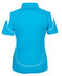 A ladies' polo shirt in bright blue with white accents and a logo on the front. Back view displayed.