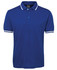 A blue polo shirt featuring white accents and a logo on the chest. Short sleeves and a buttoned collar.