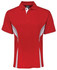 A red polo shirt with white side panels and a collar. Features a logo on the upper back.