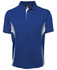 A blue polo shirt with contrasting white side panels and a collar, featuring a logo on the chest.