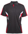 A black and red polo shirt featuring a stylish design and a logo on the chest.